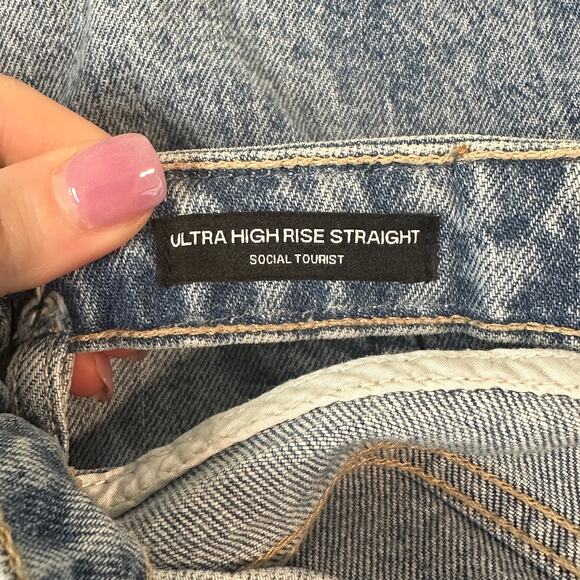 Hollister Social Tourist Ultra High Rise Straight Leg Jeans Cut-Out Waist, Blue - Picture 12 of 13